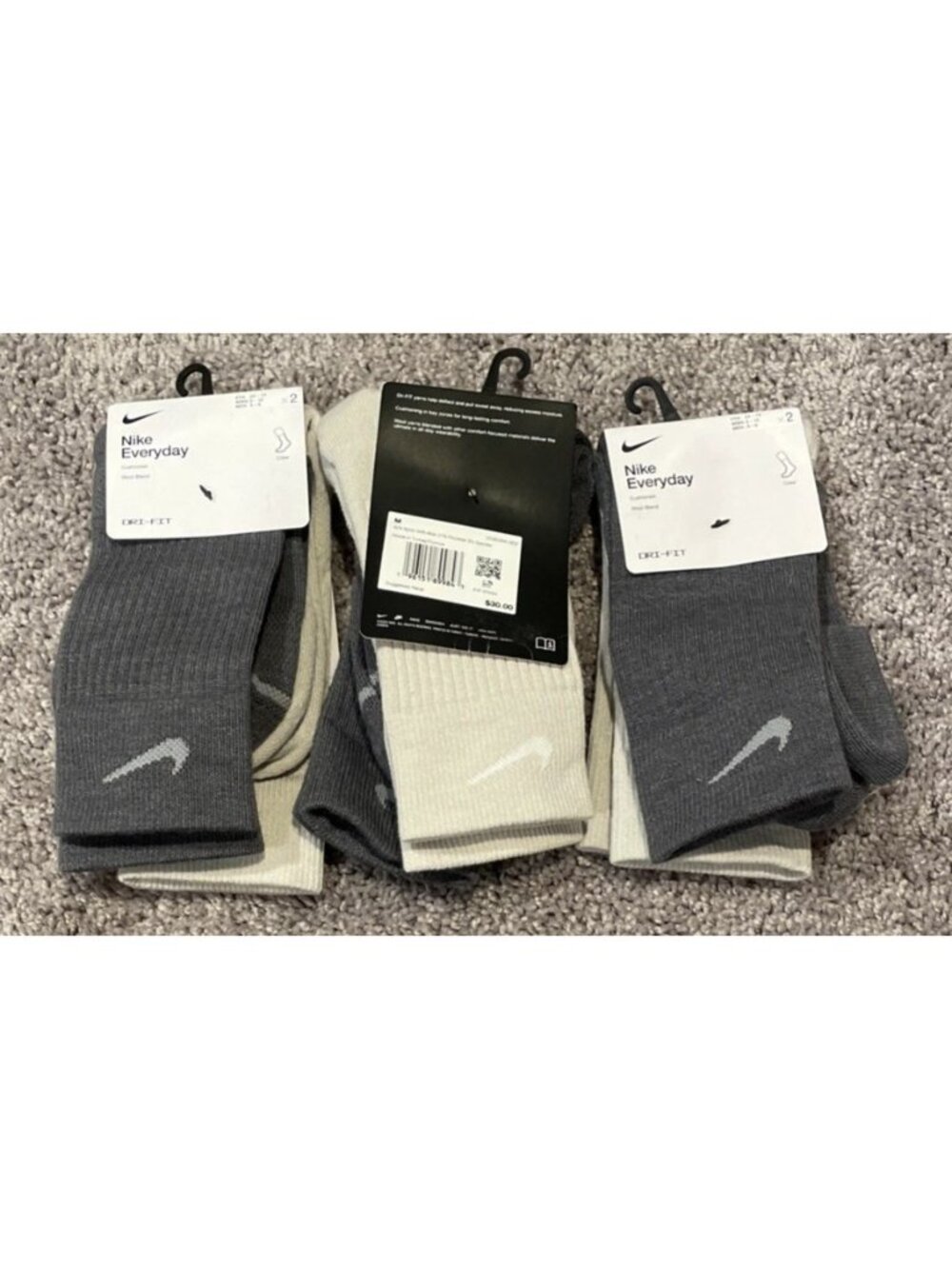 6 Pairs-Nike Everyday Crew Wool Blend Socks Grey Bone Beige Size M